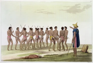 War Dance of the Caroline Islanders, płyta 22 z „Le Costume Ancien et Moderne” Julesa Ferrario, wydana ok. 1820-30